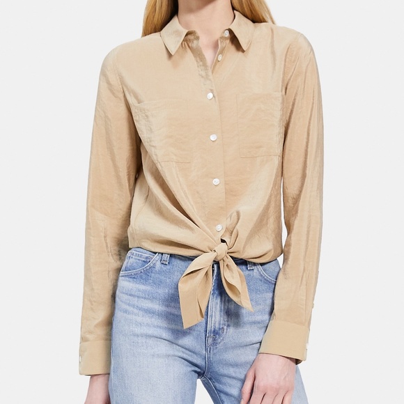 Theory Tie-Front Shirt in Silk-Nylon - Ginger - M - Picture 2 of 7